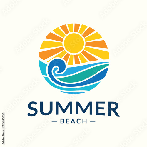 Summer beach logo with sun and wave illustration