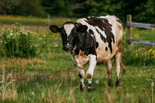 A photograph of a Holstein cow peacefully grazing in a lush, green meadow
