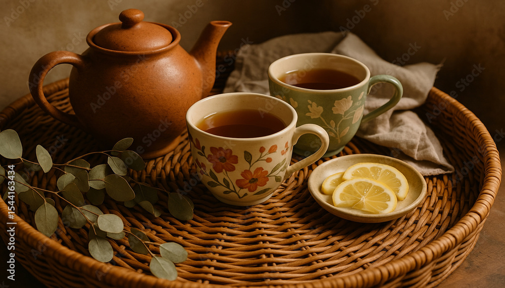 Fototapeta premium Bohemian still life with ceramic teapot, floral teacups, and warm rustic lighting on rattan tray