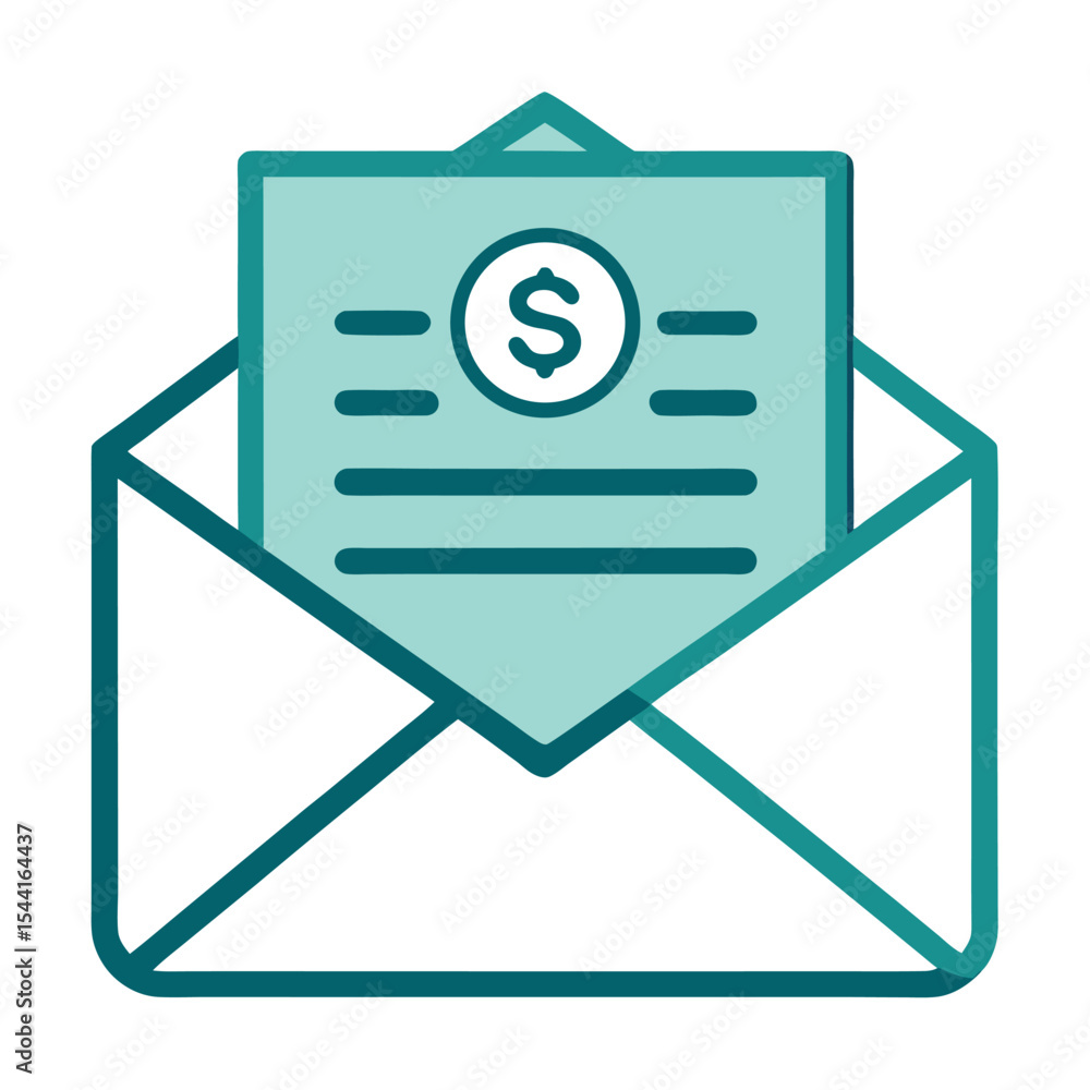 Vector icon of an envelope containing a financial document with a dollar sign. Perfect for billing, invoice delivery, salary slips, payment notices, and finance-related correspondence. Vector icon of an envelope containing a financial document with a dollar sign. Perfect for billing, invoice delivery, salary slips, payment notices, and finance-related correspondence.