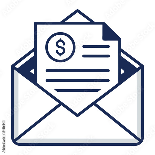 Vector icon of an envelope containing a financial document with a dollar sign. Perfect for billing, invoice delivery, salary slips, payment notices, and finance-related correspondence.