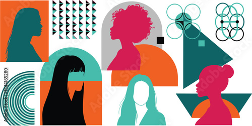 Multiethnic women silhouette profile. Concept of racial equality, friendship, empowerment, woman power. Abstract geometric banner.