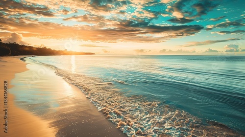 Paradise Beach Sunset - Stunning Tropical Shoreline with Turquoise Waves and Palm Trees, Perfect for Travel Agencies, Resorts Advertising, Calendars, and Summer Campaigns