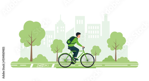 Sustainable Healthy Lifestyle Riding a bicycle to work or school Vector Illustration – Eco-Friendly Green Living, Organic Wellness and Renewable Health Practices Illustration

