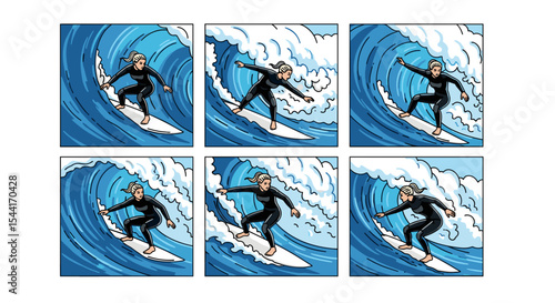 Six panel comic strip depicting a woman surfing a wave wearing a wetsuit on a white surfboard at sea