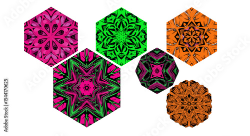 Arrangement of six colorful kaleidoscopic shapes with pink green and orange hues on a white background