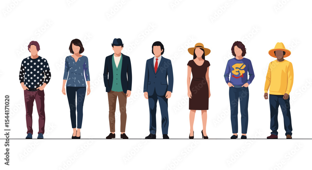 Obraz premium Illustration of seven diverse people standing in a row wearing various styles of clothing and hats