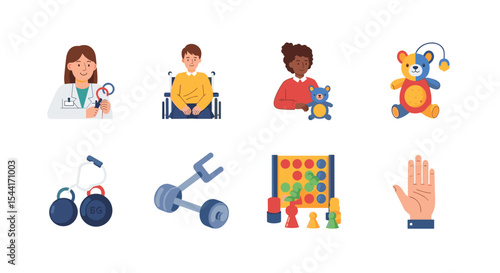 Illustration of a doctor, person in wheelchair, toys, assistive devices, and a hand on a white background