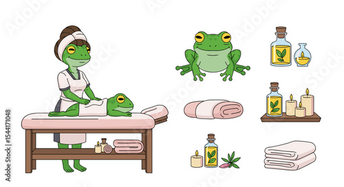 Frog spa day featuring frog masseuse giving another frog a massage with oils and candles present