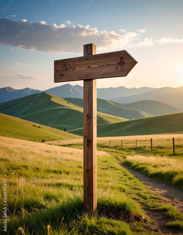 Blank Wooden Signpost on a Prairie Mountain Landscape Blank Wooden Signpost on a Prairie Mountain Landscape