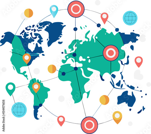 World map data visualization: pinpoint icons with lines to callouts with white background.