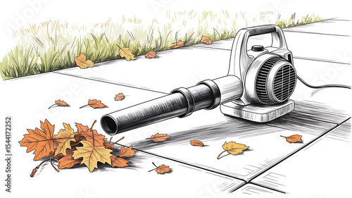 A leaf blower on a tiled surface with scattered autumn leaves around it art