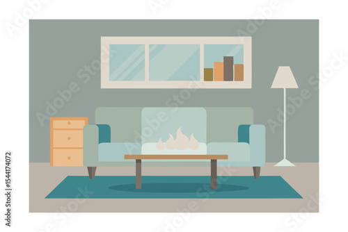 Cozy Living Room Interior Design Modern Sofa, Coffee Table, and Fireplace Decor