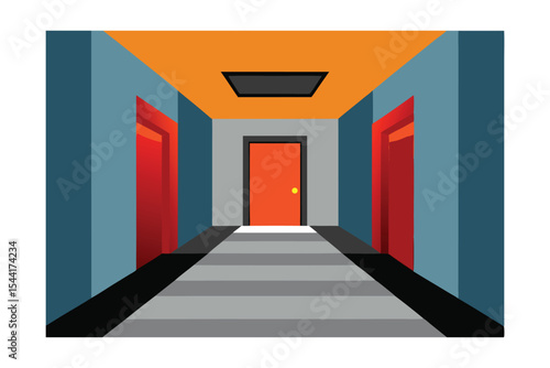 Modern Building Interior Hallway with Red and Orange Doors, Minimalist Design