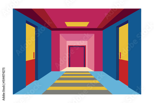 Abstract Colorful Corridor Geometric Hallway Design with Doors and Perspective