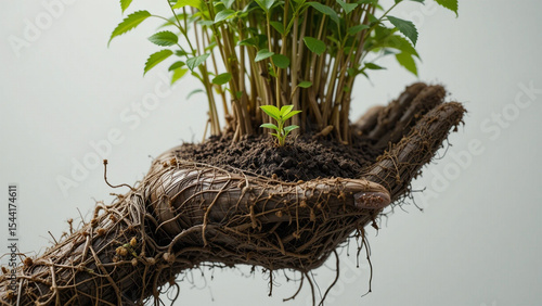 realistic close up of plant root fibers forming a hand in a position to receive the growing shoots of herbal plants and the soil as if making an offering. white background