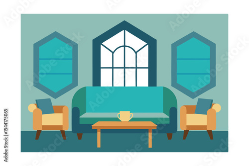 Elegant Living Room Interior Design Teal Sofa, Arch Window, and Hexagon Mirrors