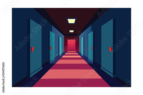 Mysterious Hotel Corridor Dark, Long Hallway with Doors and Red Carpet