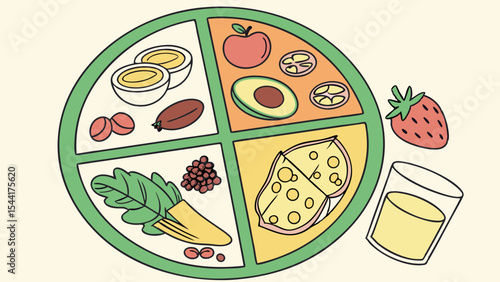 Healthy eating plate illustration with balanced diet food groups for nutrition and wellness concept design