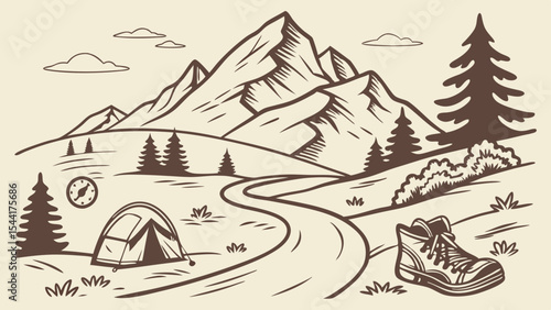 Mountain hiking adventure illustration with tent compass and boots for outdoor recreation concept drawing line art