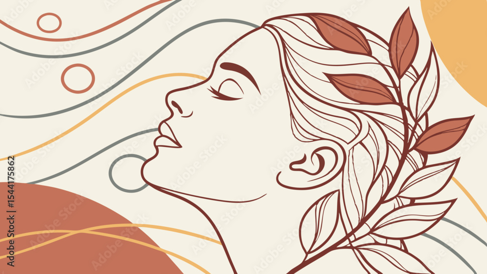 Elegant line art of woman with leaves and abstract shapes for beauty and wellness brand aesthetic design Elegant line art of woman with leaves and abstract shapes for beauty and wellness brand aesthetic design