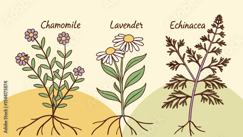 Chamomile lavender echinacea herbs for natural remedies and herbal medicine illustration drawing art