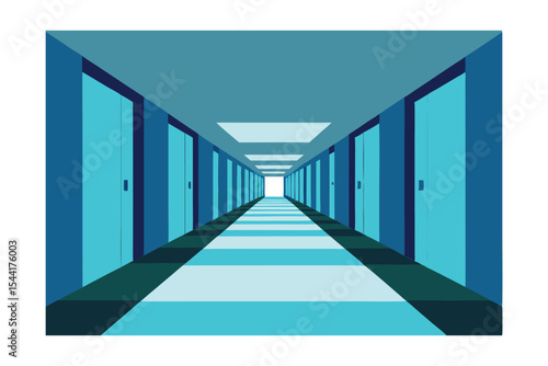 Endless Corridor A Minimalist Illustration of a Long Hallway with Doors