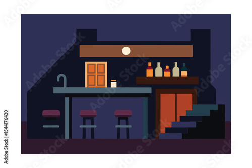 Nighttime Bar Illustration Cozy Basement Bar Design