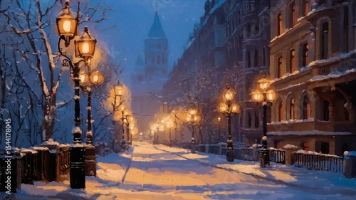 Snowy city street at night, illuminated by warm lamplight