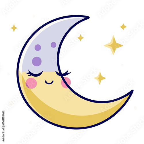 A charming cartoon crescent moon with closed eyes and rosy cheeks, surrounded by twinkling stars, evoking a sense of sweet dreams and nighttime tranquility.