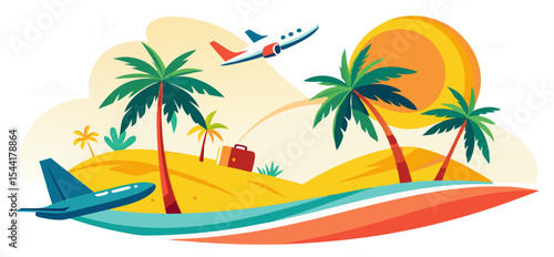 
A vibrant tropical travel illustration featuring palm trees on a sunny beach, an airplane flying overhead, and another taking off, evoking vacation, adventure, and relaxation.