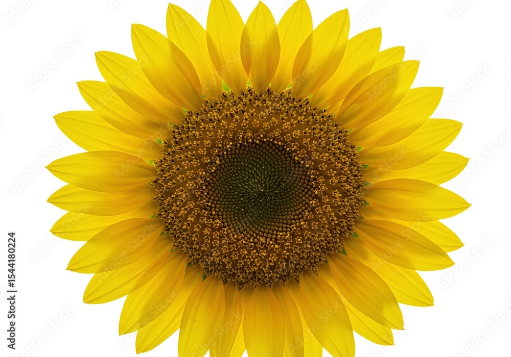 Fototapeta premium A vibrant sunflower is captured in a close-up, head-on studio shot against a white background during the daytime, emphasizing its form and color for artistic or illustrative purposes.
