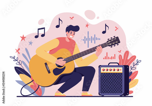 Young Man Playing Acoustic Guitar with Amplifier and Musical Notes