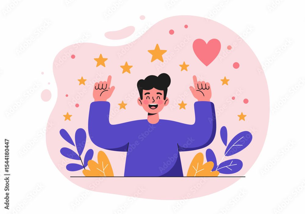 Joyful Man Surrounded by Stars and a Heart Symbol Illustration Joyful Man Surrounded by Stars and a Heart Symbol Illustration