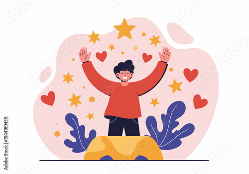 Joyful Man Celebrating Success with Hearts and Stars Around
