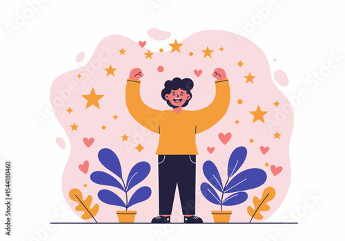Happy Man Celebrating Success Among Plants and Hearts Illustration