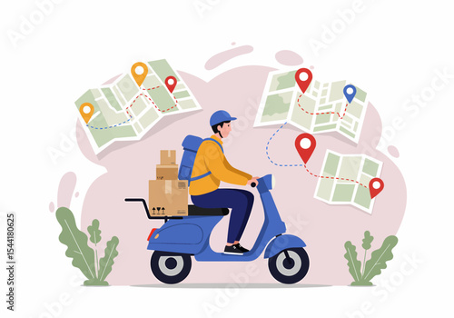 Scooter Delivery Man with Packages and Location Maps Illustration
