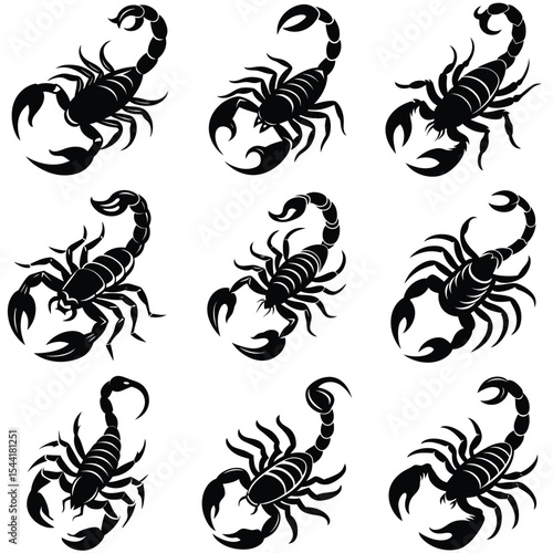A collection of nine stylized black scorpion illustrations, each showing the creature from a slightly different angle.  Perfect for tattoos, logos, or designs.