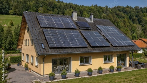 Hausdach mit Solarpaneelen und Schornstein, Nordrhein-Westfalen, Deutschland, Europa
