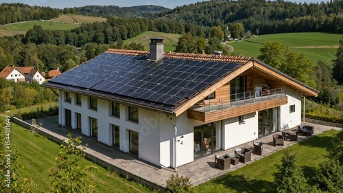 Hausdach mit Solarpaneelen und Schornstein, Nordrhein-Westfalen, Deutschland, Europa