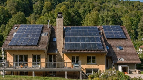 Hausdach mit Solarpaneelen und Schornstein, Nordrhein-Westfalen, Deutschland, Europa