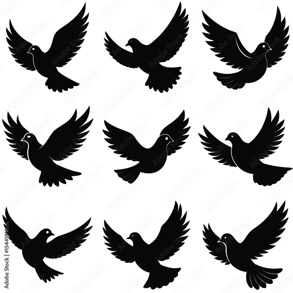 Fototapeta premium Nine black silhouettes of doves in flight