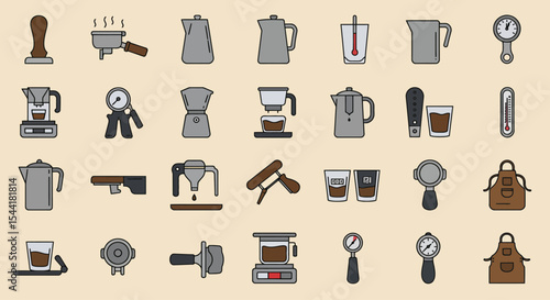 A comprehensive collection of coffee brewing equipment and tools icons.