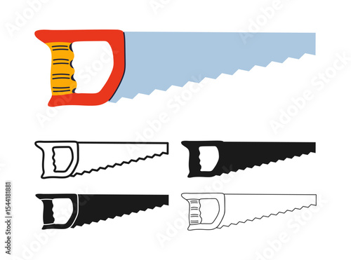 Hand saw icon symbol set. Repair professional tool builder hand saw fitter carpenter in multiple styles colored, silhouette outline. For construction, woodworking, repair cartoon vector illustration