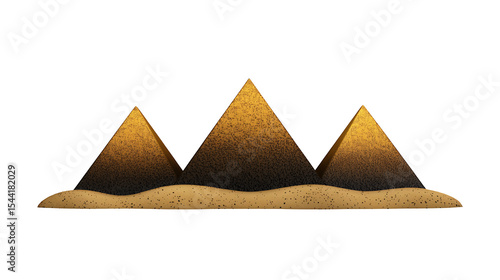 Three Golden Pyramids on Sandy Base Against Black Background