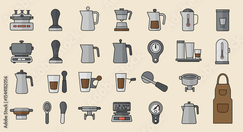 A collection of illustrated coffee brewing equipment and accessories.