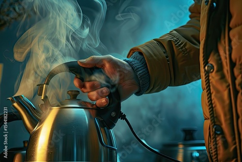 The man holds the electric power in his hand and connects the kettle to the outlet