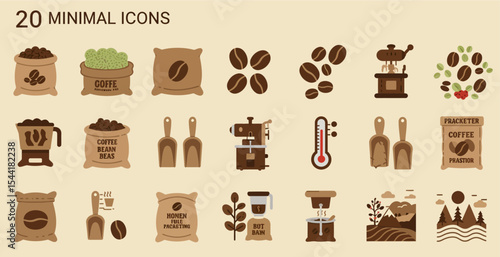 A collection of twenty minimal icons depicting coffee beans, bags, grinders, and brewing methods.