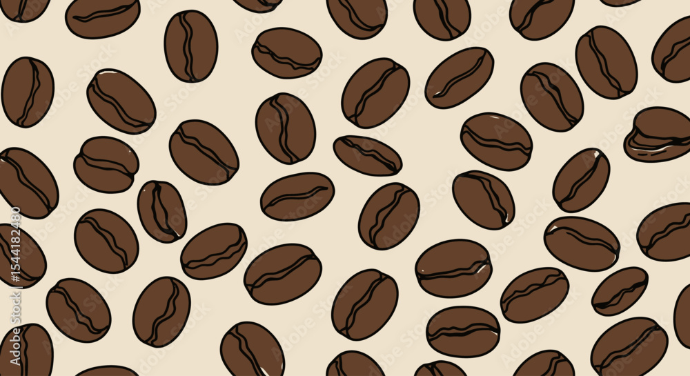 Obraz premium Coffee beans scattered on a brown surface, creating a repeating pattern.