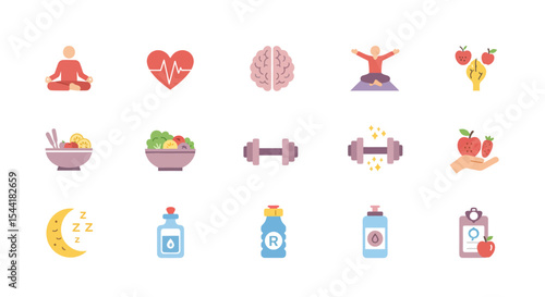 Healthy lifestyle icons: yoga, meditation, fitness, nutrition, and mindful practices.